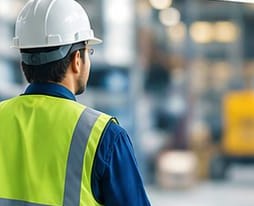 Technicien en gilet haute visibilité et casque sur un site industriel