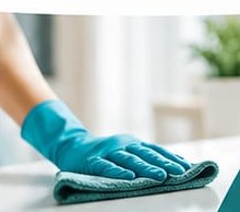 Main gantée nettoyant une surface à la microfibre